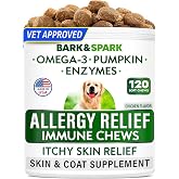 BARK&amp;SPARK Dog Allergy Relief Chews - Skin Health, Anti-Itch Supplement | Omega-3 Fish Oil Treats for Seasonal Allergies, Dry Skin, Hot Spots &amp; Immune Support - Developed by Experts, 120 Ct