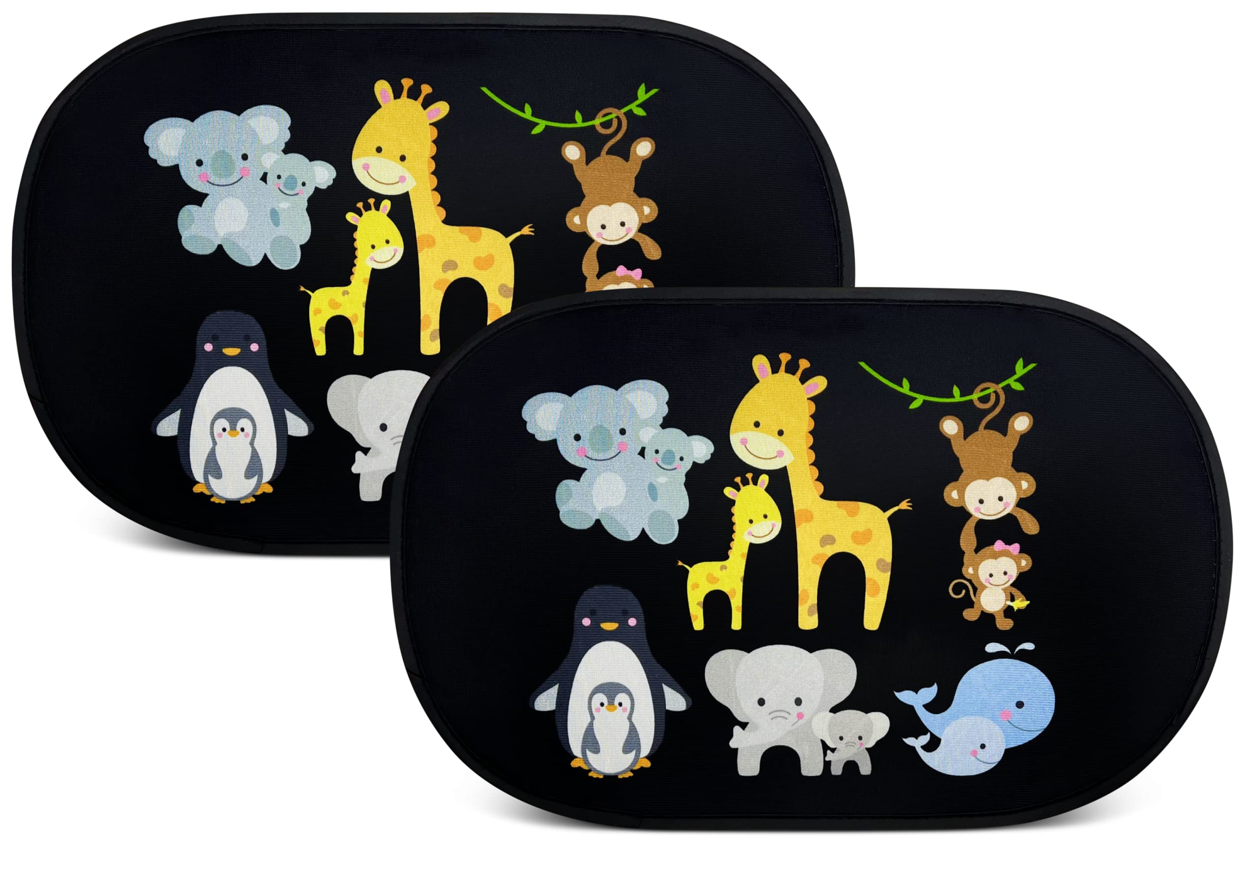 HECKBO 2x car sun visor with 8 suction cups - different designs - 44x36 or 48x31cm car window side sunshade car sun visor side for baby kids girls boys incl. Bag (Baby Animals with Mum, 48cm x 31cm)
