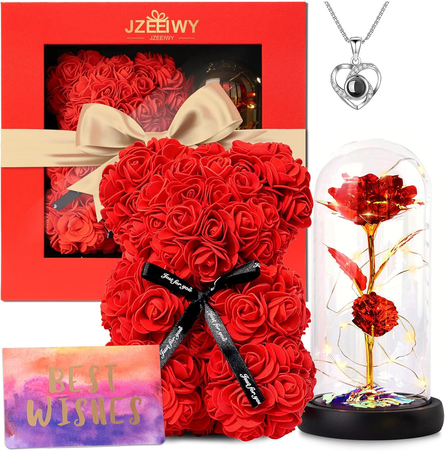 Dried & Preserved Flora - JZEEIWY Preserved Rose Bear Light up Rose Gifts with I Love You Necklace 100 Languages Christmas Birthday Valentine's Day for Woman Mom Wife Daughter Girlfriend with Greeting Card