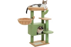 PEQULTI [34.6''=88CM] Cactus Cat Tree for Large Cats, Cat Tower for Indoor Cats with Large Hammock, Cat Condo House and Scratching Post, Cat Activity Tree with Top Removable Bed,Green