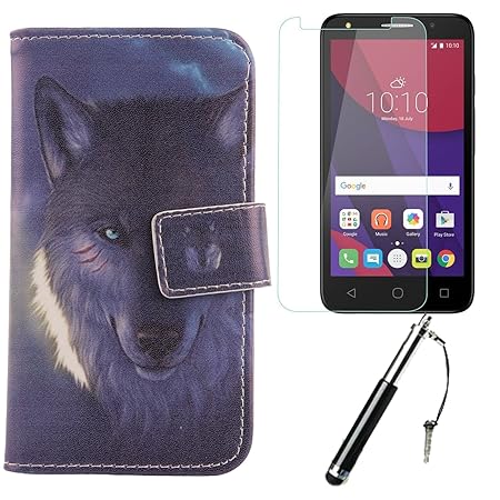 Lankashi 3in1 Set Wolf PU Flip Leder Tasche Für Alcatel One Touch Pixi 4 3G 5010D 5' Hülle Lederhülle Handyhülle Schutz Handy