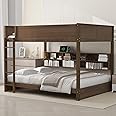 Merax Queen Over Queen Bunk Bed with Storage Cabinets and USB Ports, Antique Wood