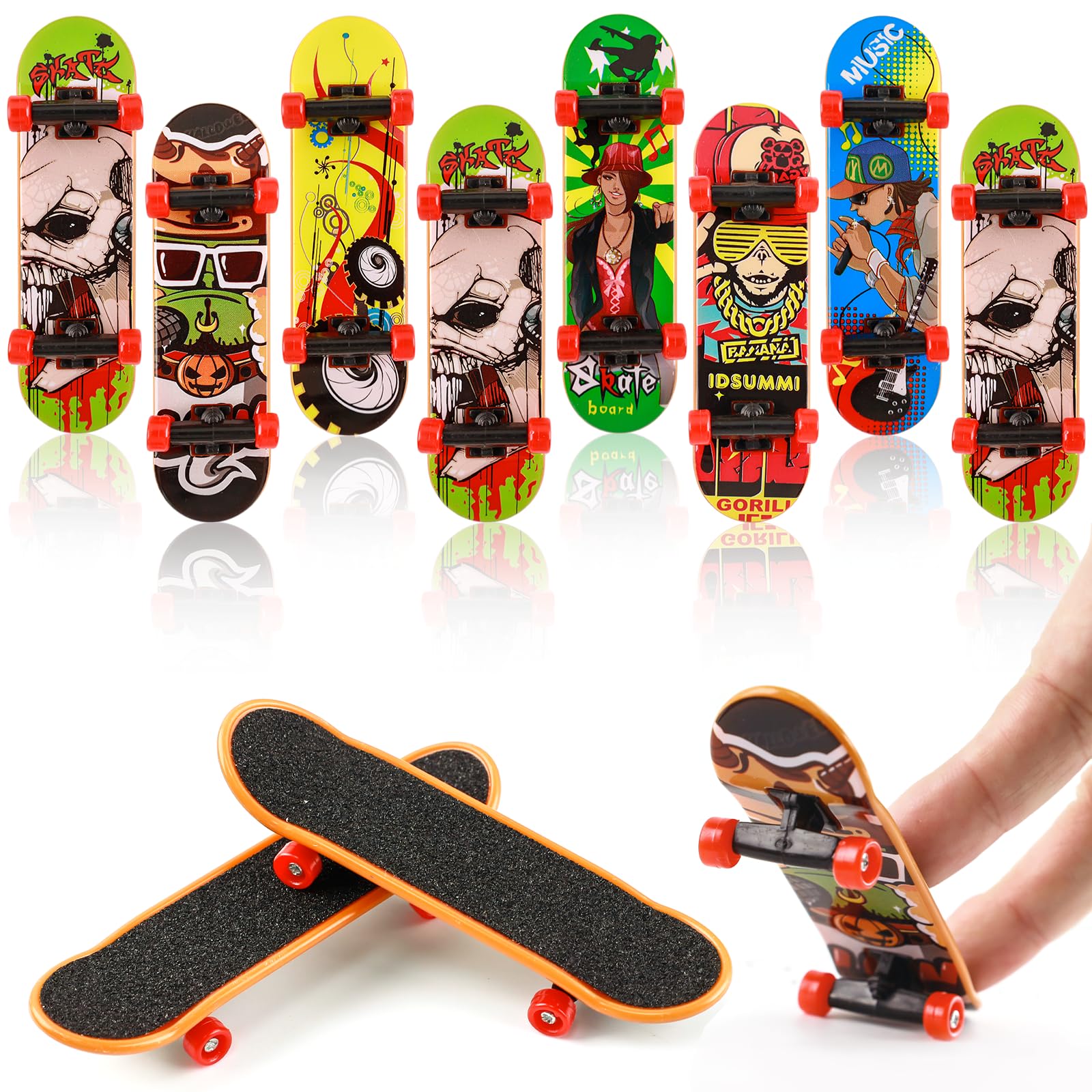 Morofme Finger Skateboard Set 8Pcs, Collectible Finger Skateboards, Pro Fingerboard with Cartoon Pattern, Mini Skateboard for Fingerboard Skatepark Decoration, Party Bag Stuffer, Birthday Gift — image 1