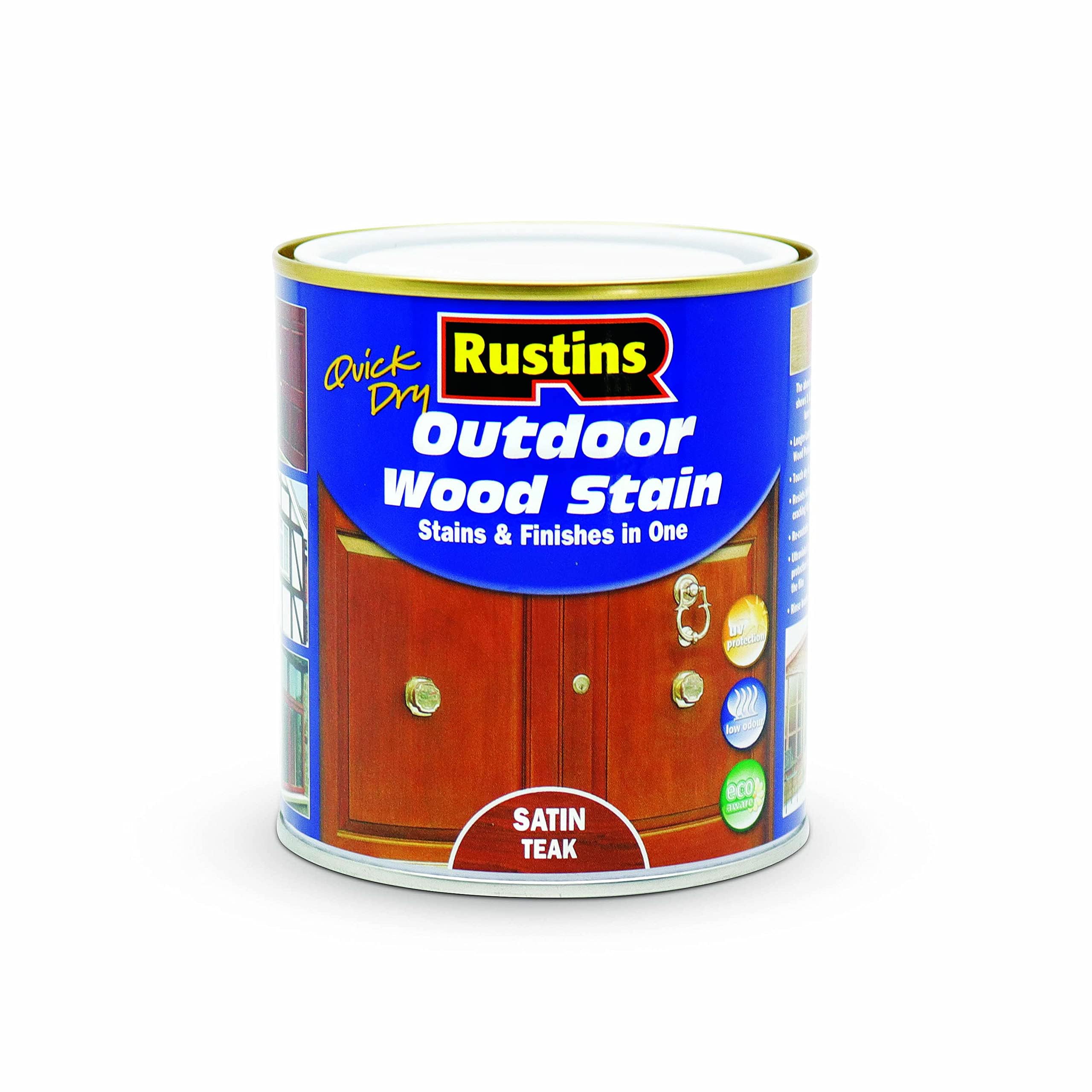 Rustins Quick Dry Outdoor Wood Stain Satin Teak 500ml- Durable and Weather-Resistant Finish, Fast Drying, Vibrant Color for Decks, Fences, & Furniture, Available in Many Wood Shades