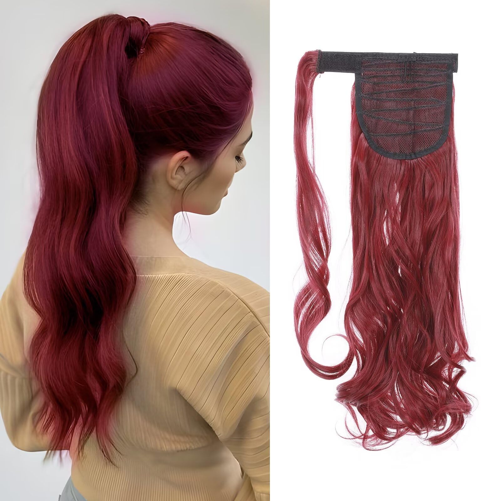 Silk-co Ponytail Hair Extension One Piece Clip in on Pony Tail Synthetic Curly Hairpieces 24" Dark Red