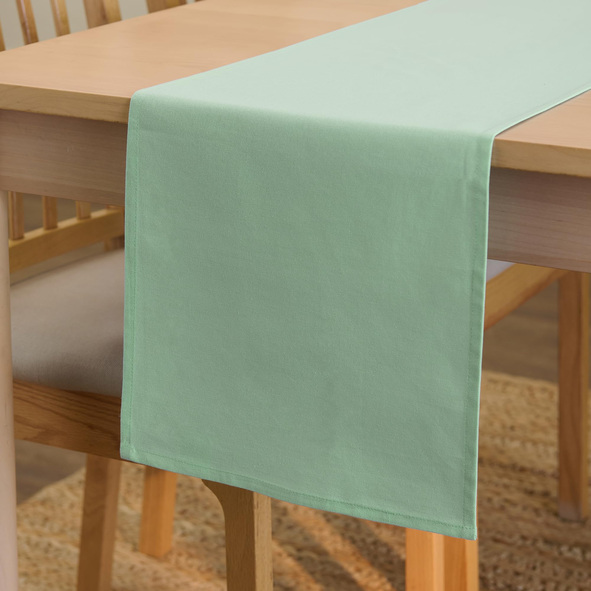 Encasa XO Table Runner 13x59 in Long | Cotton Canvas Fabric | Mint Green Solid Color | Machine Washable & Durable