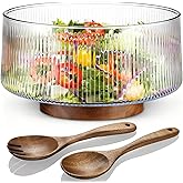 NiHome Extra Large Glass Salad Bowl with Natural Acacia Wood Base & Wooden Serving Utensils for Family Dinners, Parties, Gatherings, Multipurpose Oversized Glass Bowl for Salads(Separate-Piece Design)