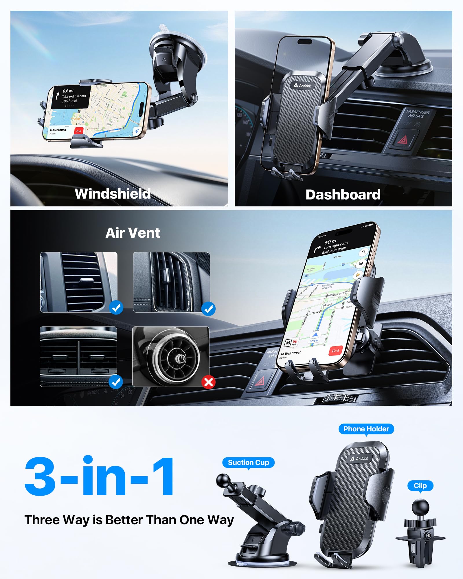 andobil Car Phone Holder, 2025 Military-Grade 89lbs Strongest Suction Phone Holders for Your Car Dashboard/Windshield/Vent Easy Clamp Car Phone Mount Stand for iPhone 17 16 15 14 13 Pro Max Samsung
