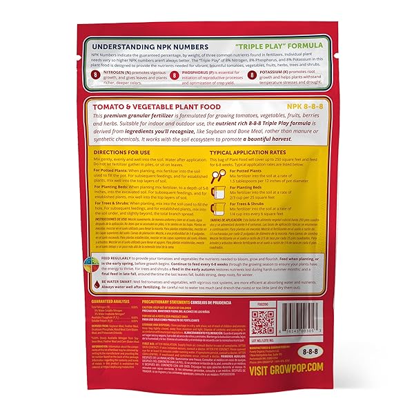 2.25LB TOMATO & VEGETABLE PLANT FOOD FERTILIZER TRIPLE PLAY 8-8-8 (COVERS UP TO 250 SQUARE FEET)