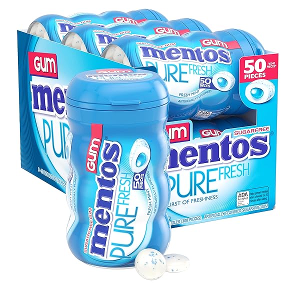 MENTOS PURE FRESH SUGAR-FREE CHEWING GUM WITH XYLITOL, FRESH MINT, 50 PIECE BOTTLE (BULK PACK OF 6)