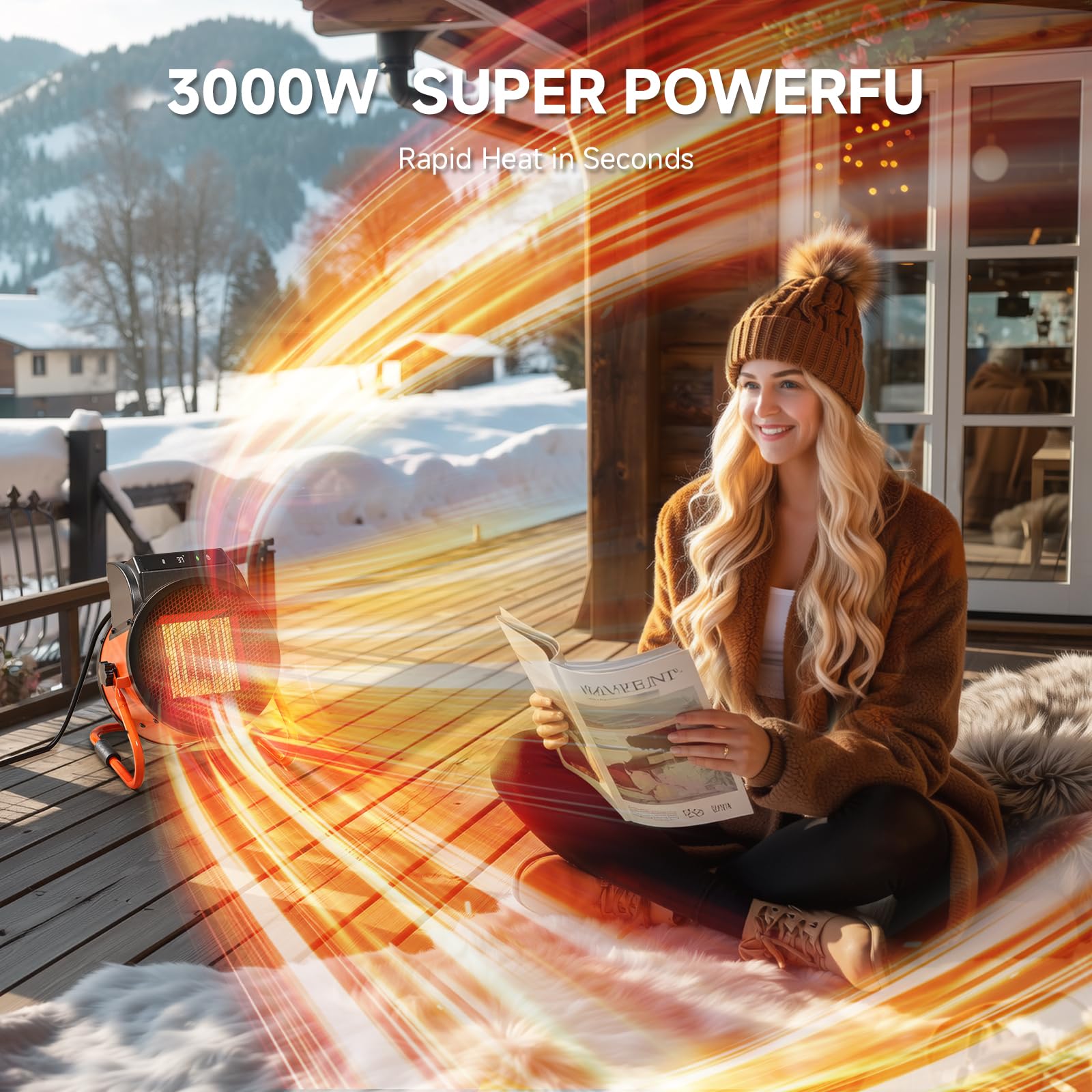 Keramik Heizlüfter mit Fernbedienung, 2000W Elektroheizer mit digitalem Thermostat 24h Timer, 3Heizstufen Schnelle Wärme heizstrahler Outdoor, Geeignet für Innenhöfe, Garage,Baustelleund Werkstätten 4