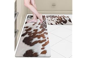 Cowhide Kitchen Rugs and Mats Set of 2 Western Kitchen Decor Anti Fatigue Cushioned Cow Kitchen Rugs Sets Non Slip Waterproof