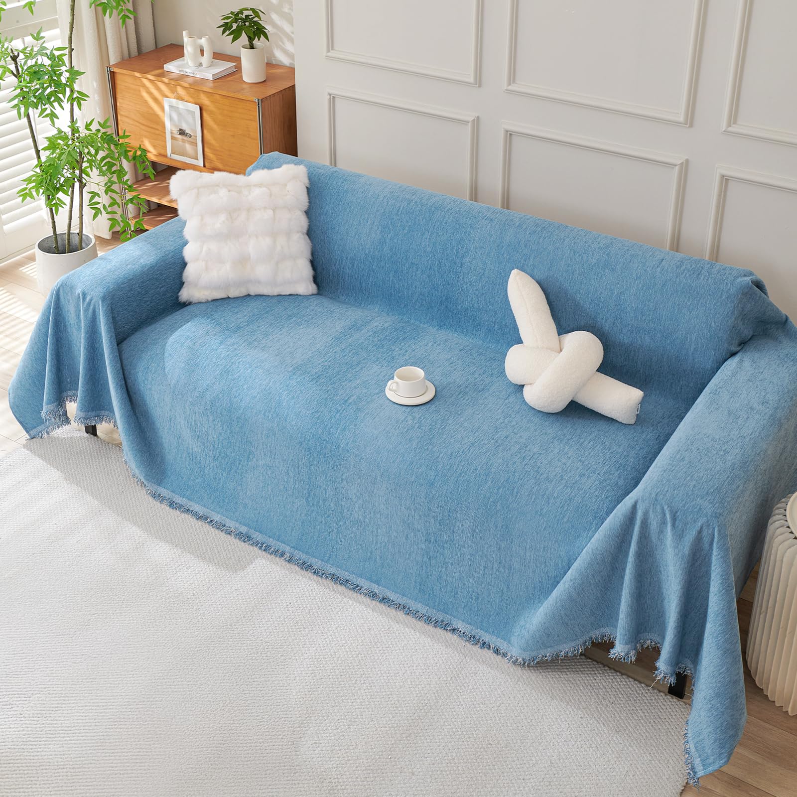 Royhom Chenille Sofa Covers 2 Seater, Corner Sofa Cover L Shape, Washable Couch Cover with Tassel, Soft Couch Covers for Dogs, Breathable, All-season Universal (Blue, 180x260cm)