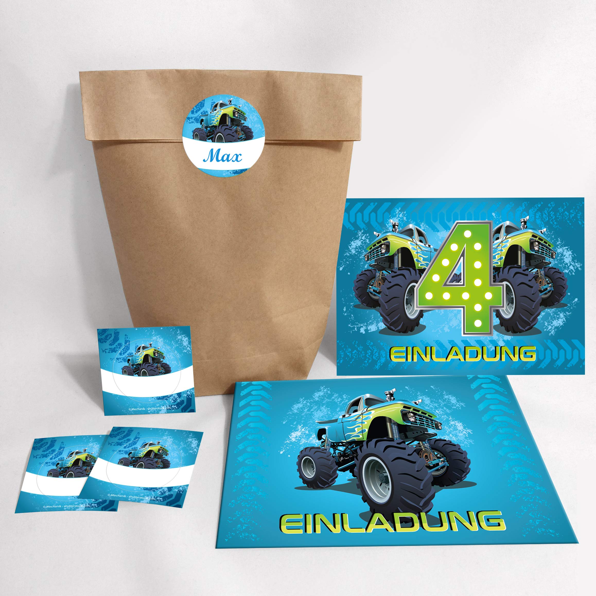 Set of 12 Invitation Cards, Envelopes, Bags/Natural, Sticker 4th Birthday Children Boy Monster Truck Blue / Monster Truck / Car / Invitations for 4th Children's Birthday Party for Boys