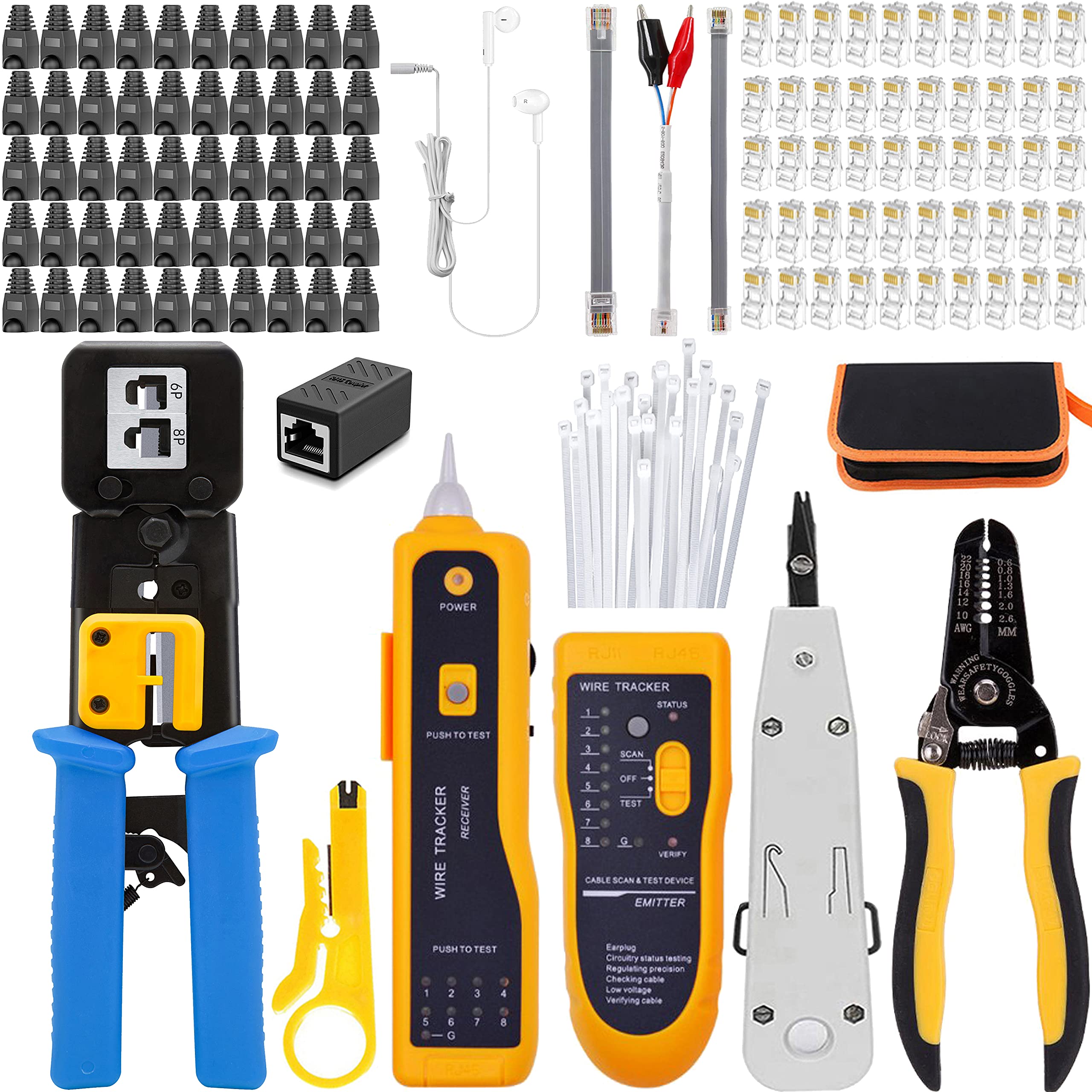 LUBEIN CAT5 CAT6 Crimping Tool Set Professional Network Repair Kit, Ethernet Crimper RJ45 Crimp Tool Cable Tester, 50 Pass Through Connectors Wire Stripper, Punch Down Tool (Black)