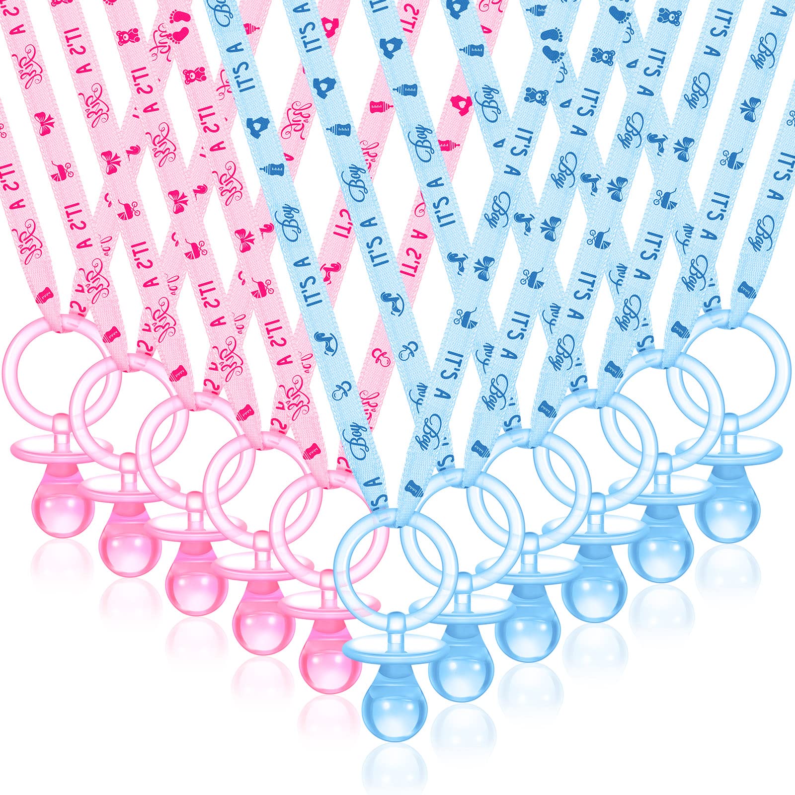 Photo 1 of Junkin 60 Pieces Baby Shower Pacifiers Necklace Acrylic Pacifiers Necklace Charm for Baby Shower Party Favors Decorations, Women Style(Pink, Blue)