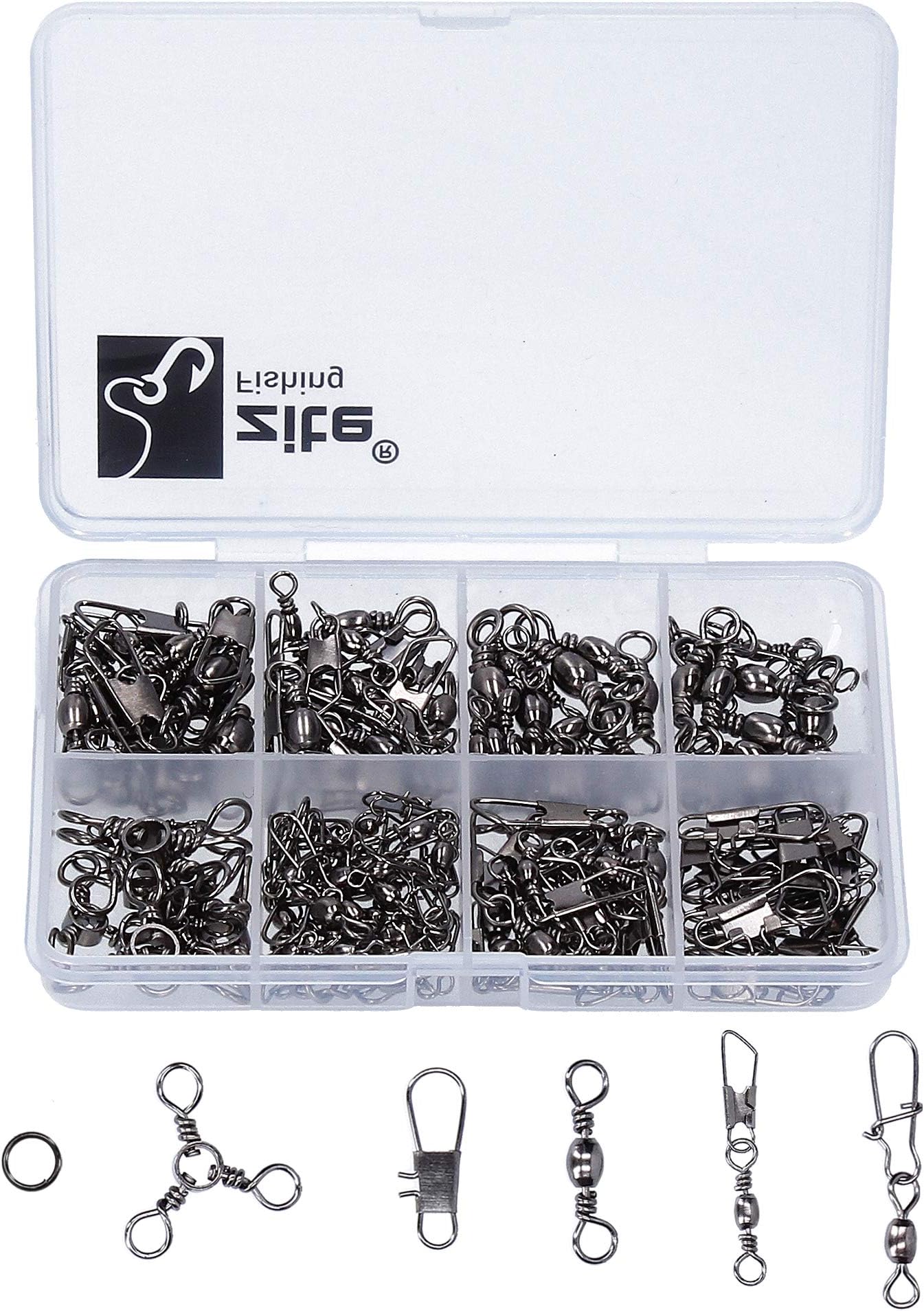 Zite Fishing Swivel Assortment - 181 Pcs Barrel Snap Connectors Split Rings Set in Tackle Box - Different Sizes & Types