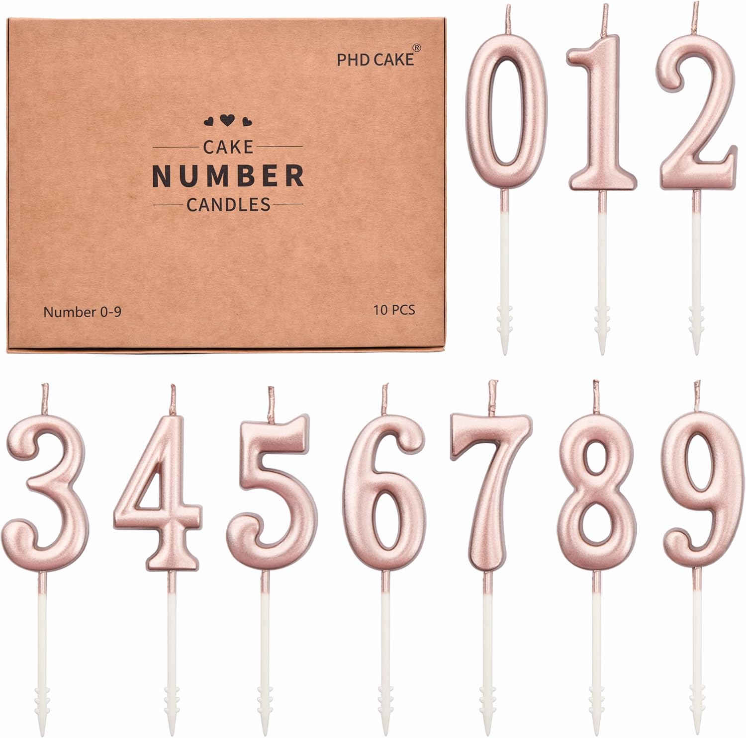 Candles & Holders - PHD CAKE 10-Pieces Rose Gold Numeral Birthday Candles, Cake Numeral Candles Number 0-9 Glitter Cake Topper Decoration for Birthday,Wedding Anniversary,Party Celebration