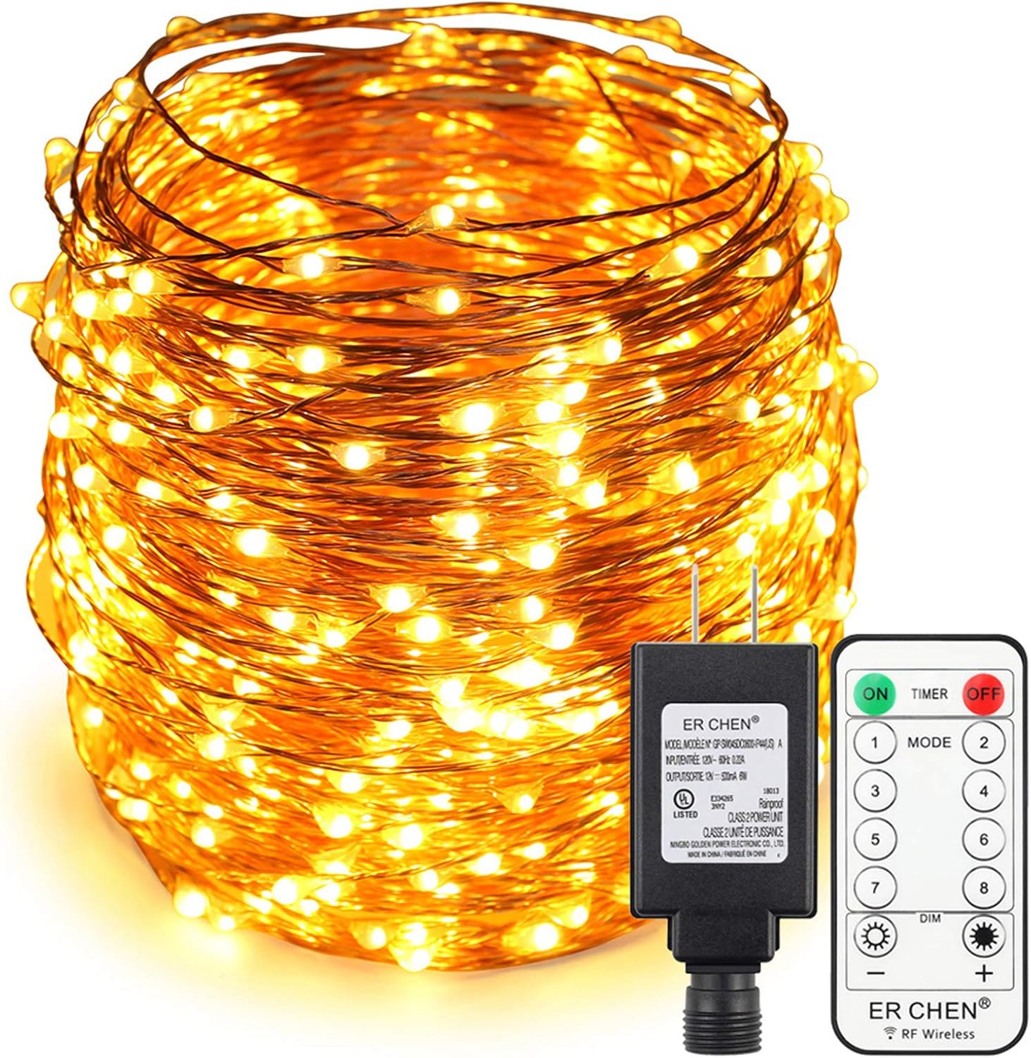 ER CHEN 165ft Led String Lights,500 Led Starry Lights on 50M Copper Wire String Lights + Power Adapter + Remote Control(Warm White)