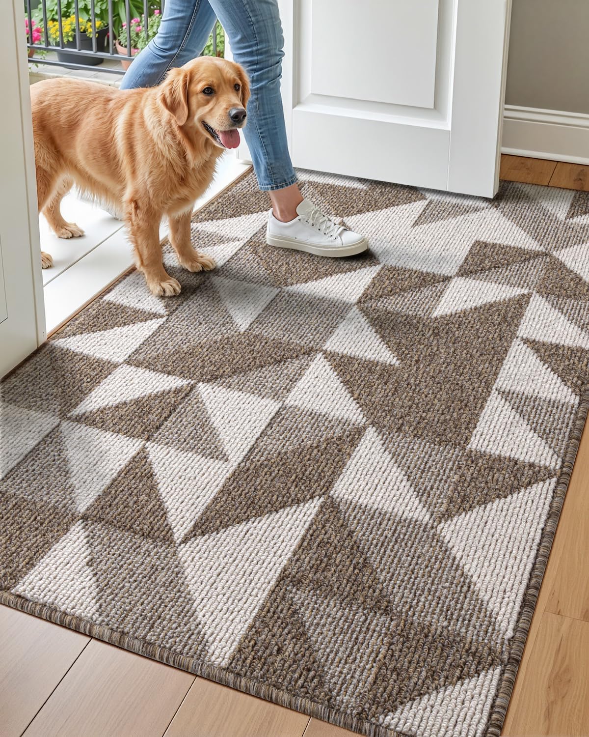 DEXI Front Door Mats for Entryway, 32x48 Non Slip Washable Low-Profile Entry Doormat, Absorbent Resist Dirt Inside Floor Entrance Mat, Patio, Brown/White