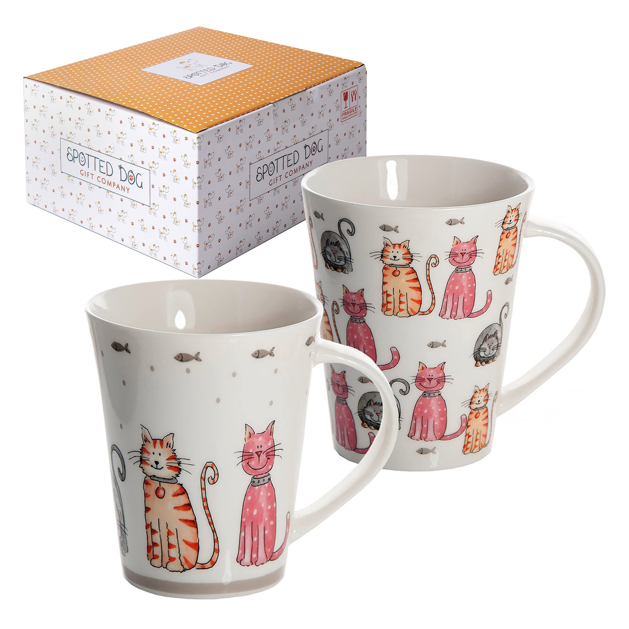 SPOTTED DOG GIFT COMPANY Mugs Set of 2 Coffee Tea Cups for Hot Drinks, Cute Cat Themed Ceramic Porcelain China, Dishwasher & Microwave Safe, Gifts for Cat Lovers Women Men 360ml