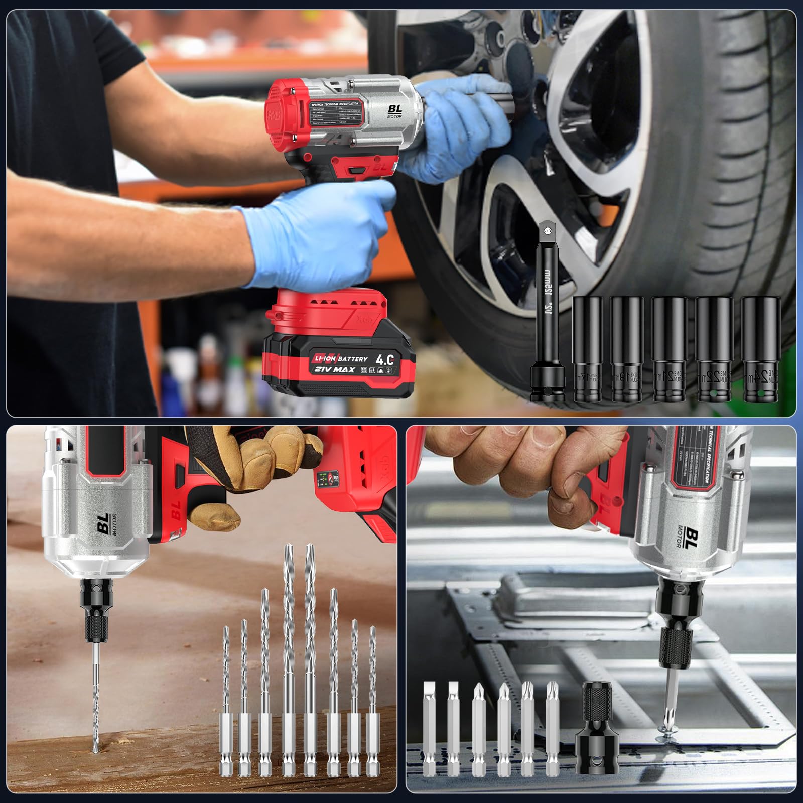 XIAZIR Akku Schlagschrauber 1200Nm / Akkuschrauber/Akkubohrer - High Torque 1/2" Impact Gun mit Brushless Motor, 2×4.0Ah Akkus, Stecknüsse, Bohrer & Bits – für Auto, DIY & Profi-Arbeiten 2