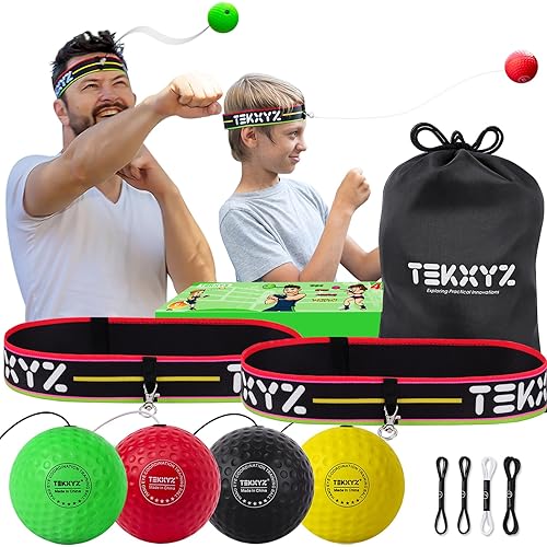 TEKXYZ Reaction Ball Family Pack, 4 Different Boxing Reaction Ball with Headband, Perfect for Reaction, Agility, Punching Speed, Fight Skill and Hand Eye Coordination Training