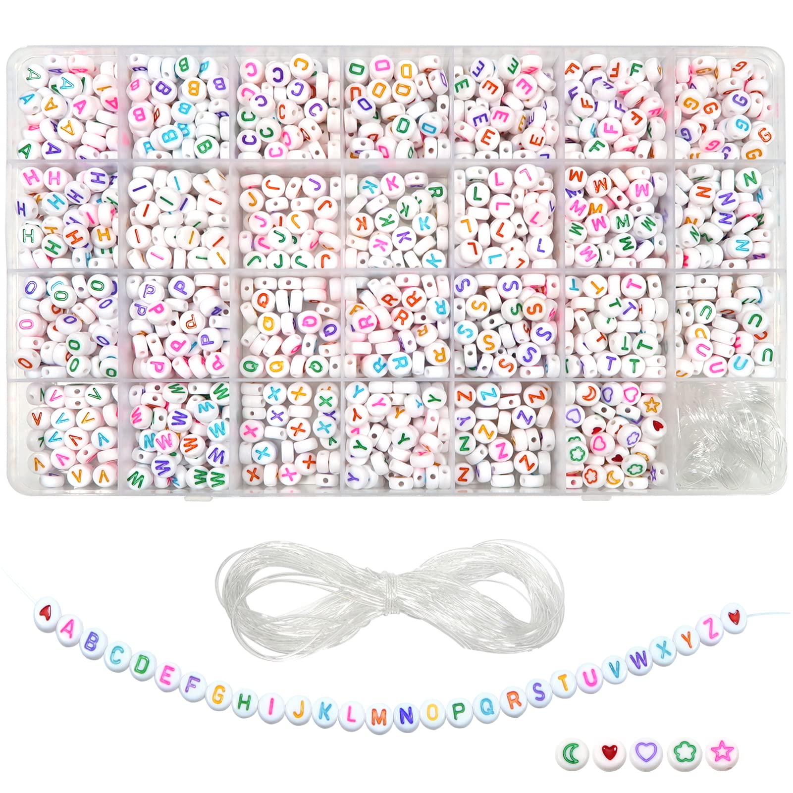 Toaob 1440 Pieces 4 x 7 mm White Letter Beads Colourful Word A to Z and Love Heart Round Acrylic Spacer Beads and 15 Metres Elastic Line for Jewellery Making