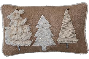 Creative Co-Op 20' L x 12' H Jute & Cotton Lumbar Pillow w/Appliqued & Embroidered Trees, Gold Bells & Beads, Natural & Cream Color