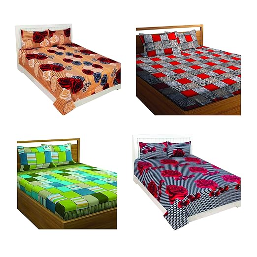 PATWAHOUSE Microfiber Combo Set of 4 Double Bedsheet with 8 Pillow Covers (Multicolour) (Blue)