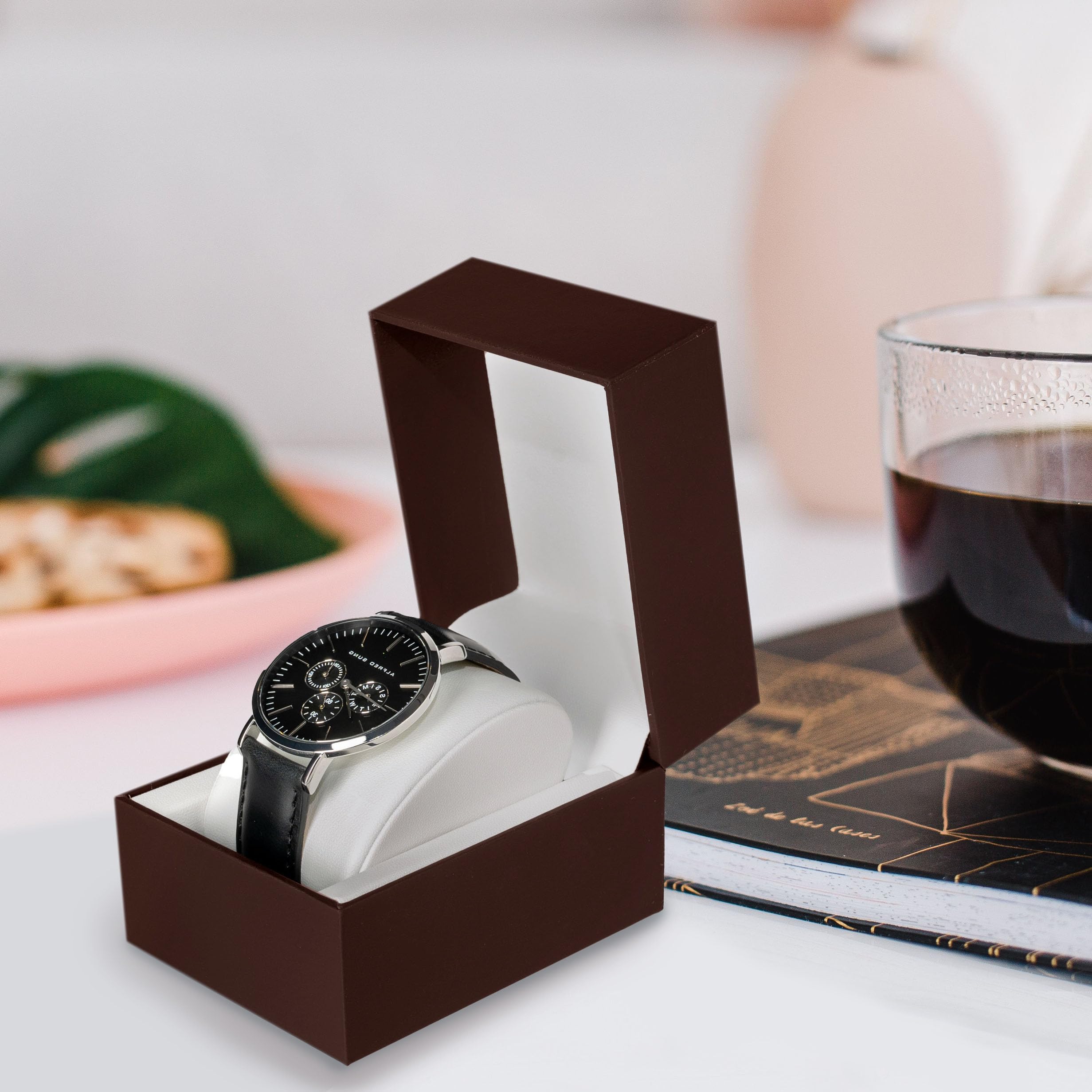 Prestige & Fancy Premium Brown Watch Gift Box with Pillow – Single Watch case Storage Box PU Wristwatch Display Case Organizer for men and women for Christmas, Birthdays, Anniversary (Brown)