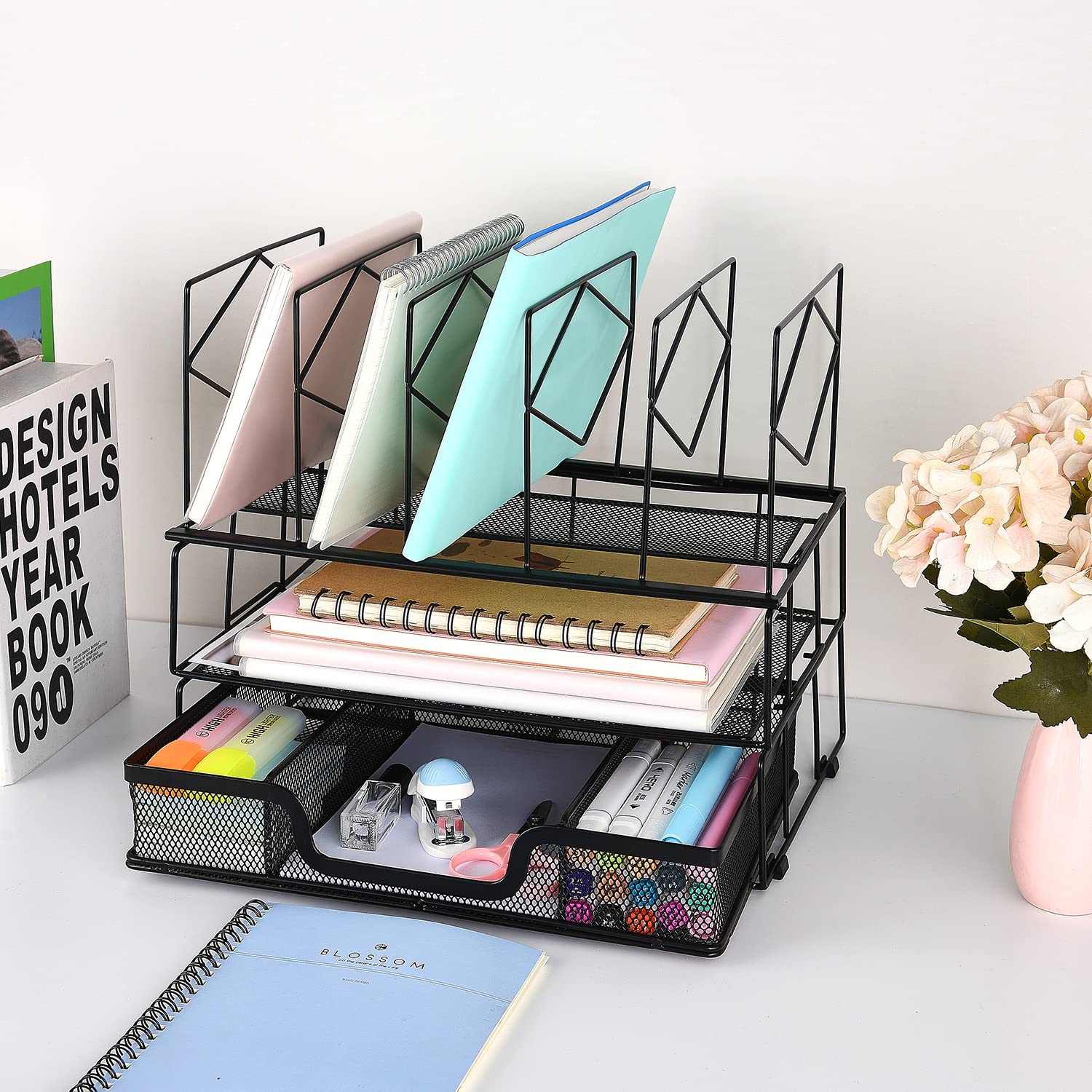 gianotter Desk Organizers and Accessories, Office Supplies Desk Organizer with Sliding Drawer, Double Tray and 5 Upright Sections (Black)