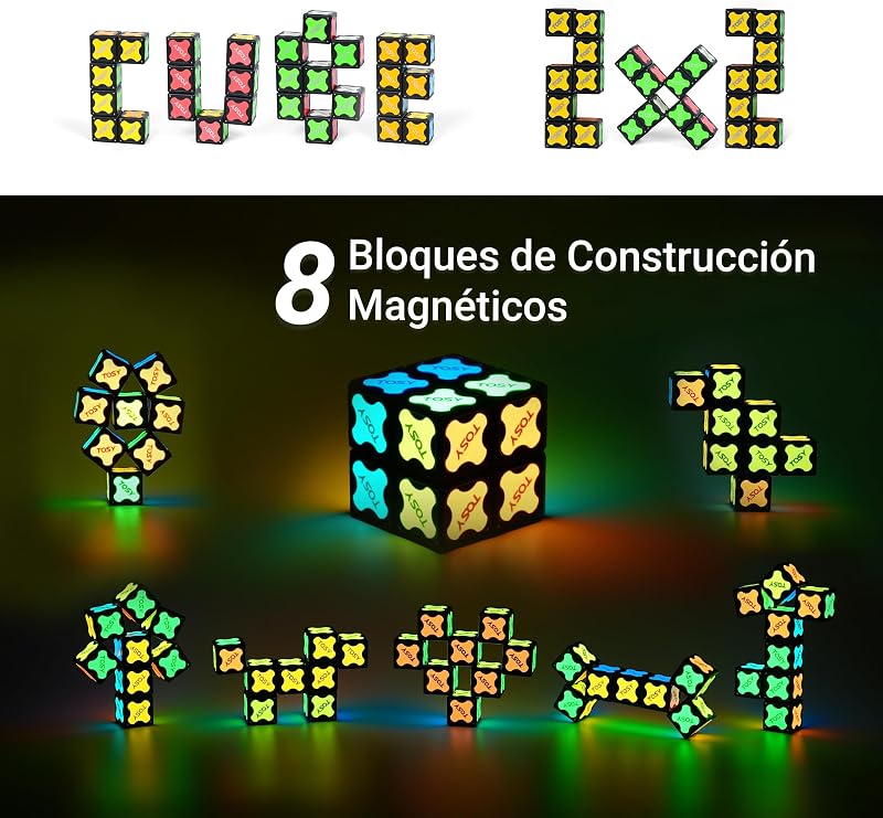 Cubo Íman 2x2 - 8 Blocos, 2 em 1 Brinquedo: Puzzle Magnético e Cubo Infinito Personalizável, Brilha com luz UV, incluindo lanterna UV, Presente de aniversário, Brinquedo sensorial/Stem