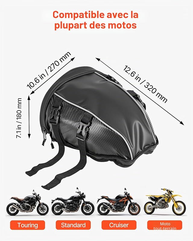 Sacoche arrière de Moto, 10 L, Sac de Selle Moto avec Housse de Pluie imperméable, Sac à Dos de Rangement pour Bagages Multifonctionnel en Cuir, avec bandoulière et Poche intérieure, Noir