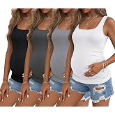 Ekouaer 4 Pack Maternity Tank Tops Ribbed Pregnancy Clothes Summer Outfit | Square Neck, Ruched Side, Lightweight, Soft Stretch for Pregnancy &amp; Postpartum Casual Wear