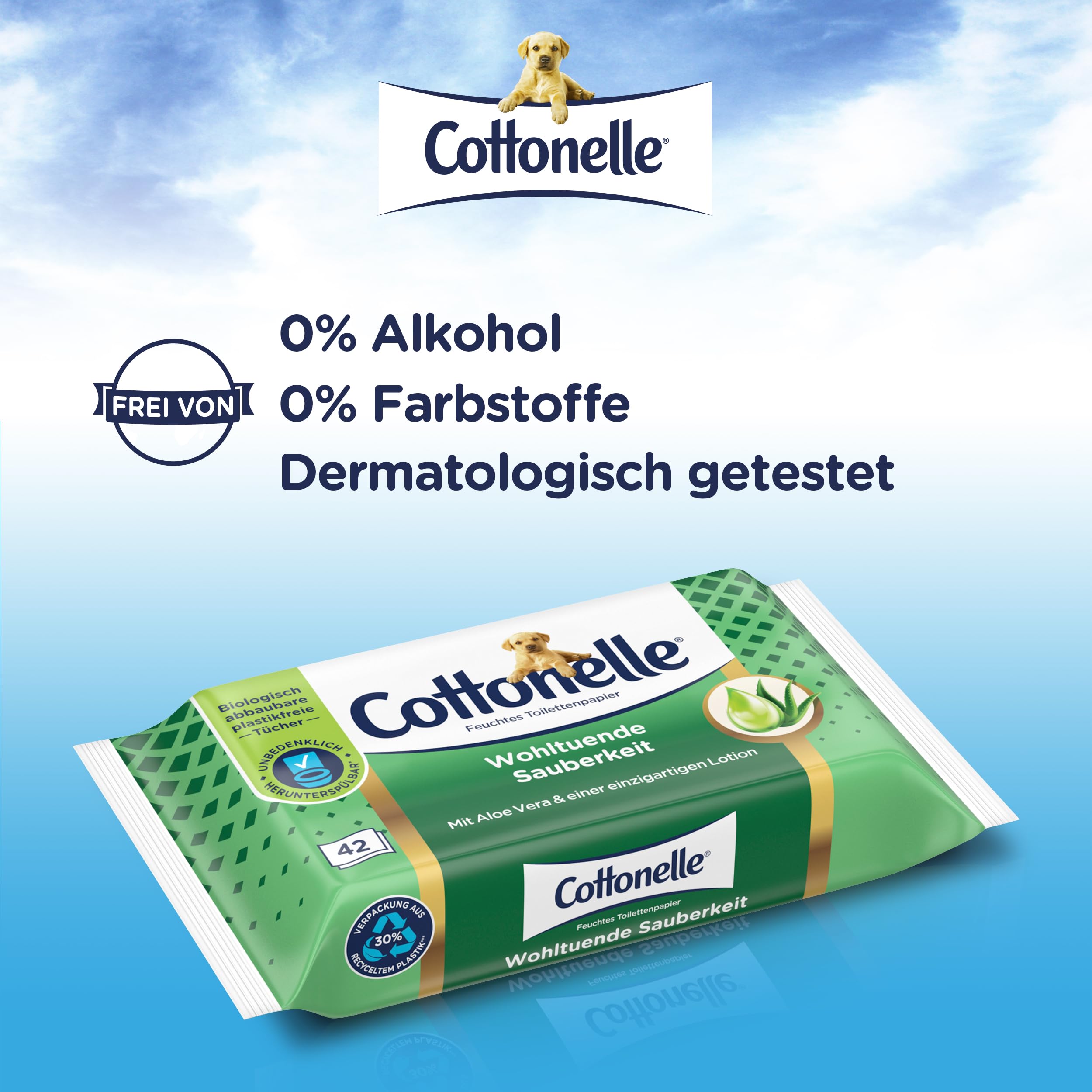 Cottonelle Feuchtes Toilettenpapier, Wohltuende Sauberkeit, Mit prebiotischer Lotion, Biologisch Abbaubar, Plastikfrei, Wiederverschließbar, 12 x 42 Feuchttücher 4
