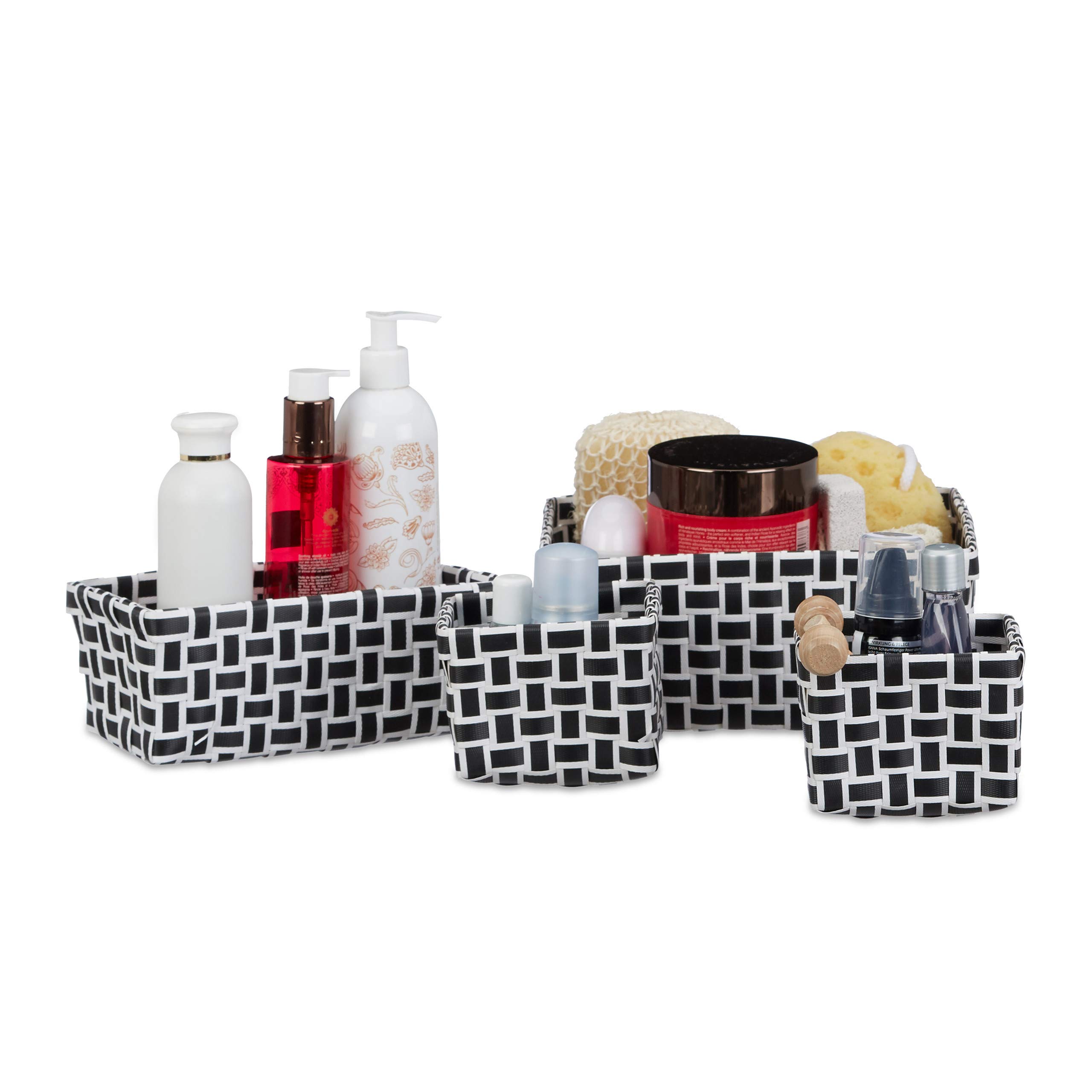 Relaxdays Set of 4 Storage baskets, Woven, Robust, Storage Bin for Bath, Plastic, Shelf Unit, White-Black