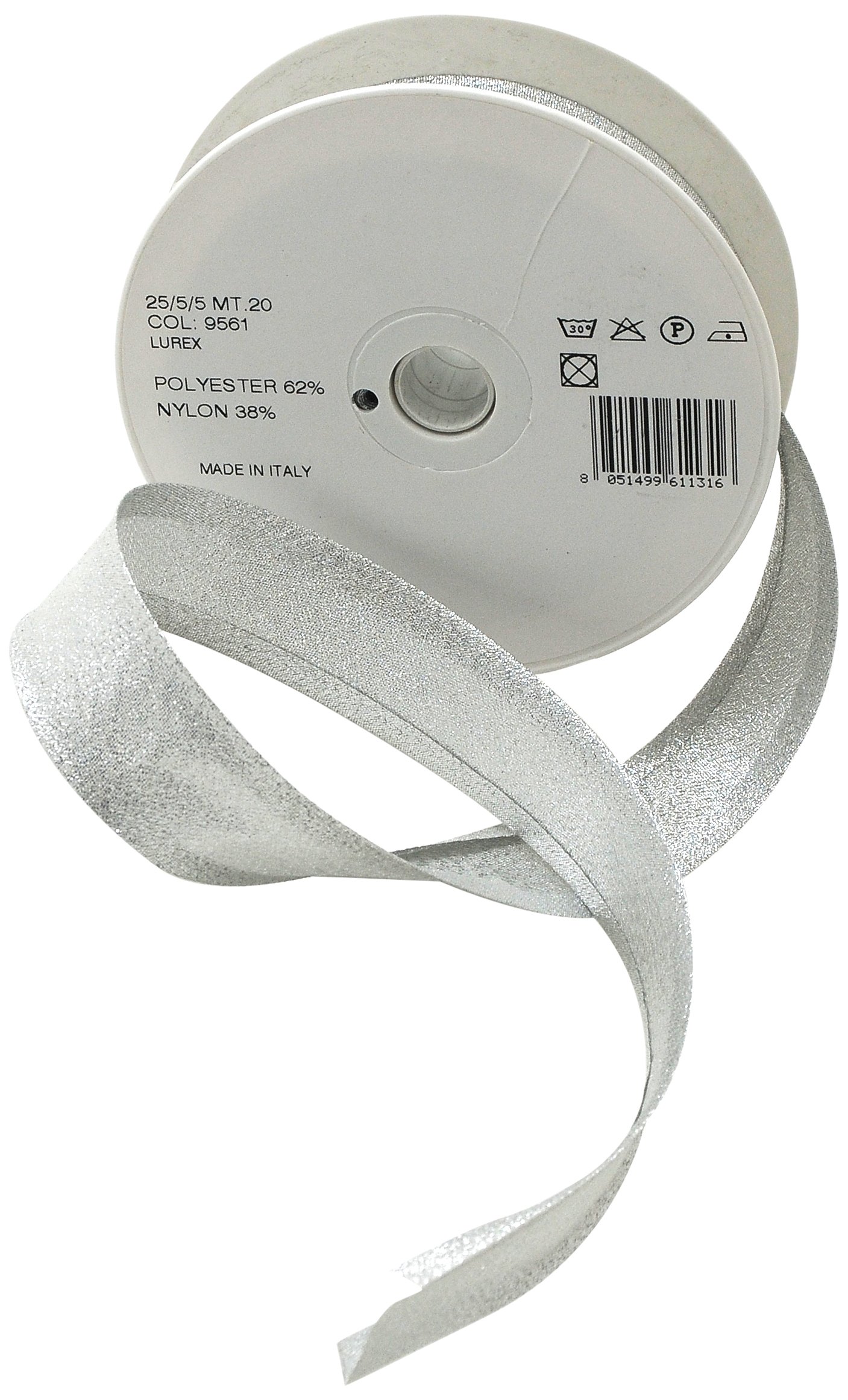Inastri 25/5/ 5 mm Lurex Bias Binding, Silver 9561