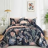 Dintszyayue Quilt Queen Size Navy, 3 Pieces Boho Floral Bedspread Bedding for Queen Size Bed, Soft Lightweight Microfiber Coverlet Set for All Season Quilt with 2 Pillowcases
