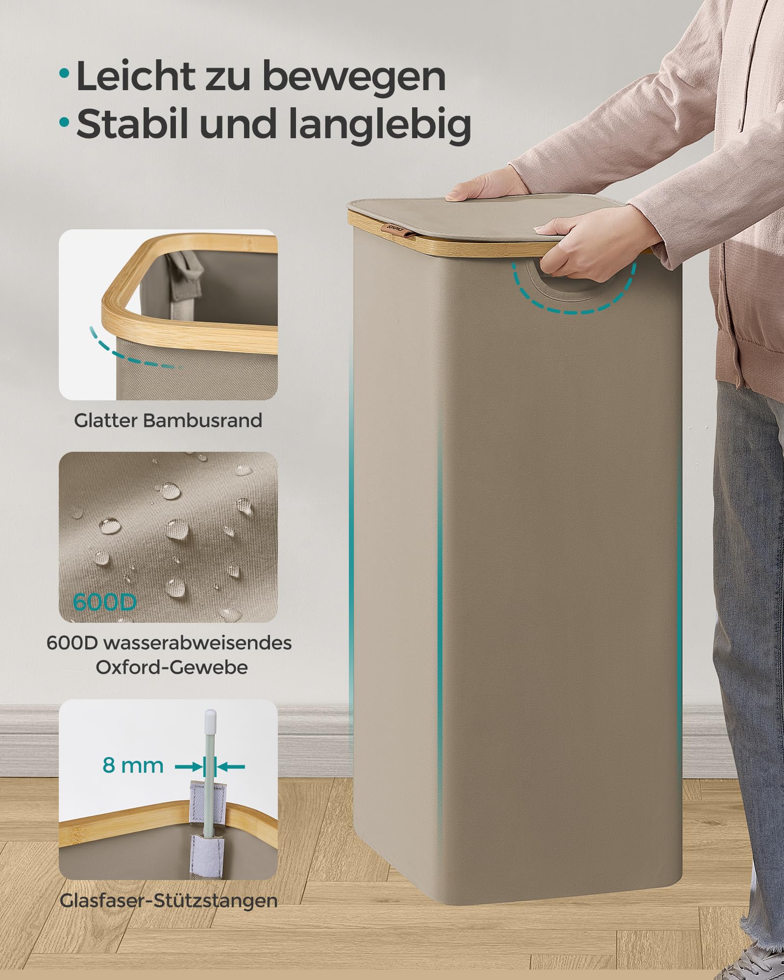 SONGMICS Wäschekorb mit Deckel, Wäschesammler 90 L, herausnehmbarer Wäschesack, Oxford-Gewebe, Griffe aus Bambus, zusammenklappbar, 42 x 32 x 70,5 cm, kamelbraun LCB509N01V1 7
