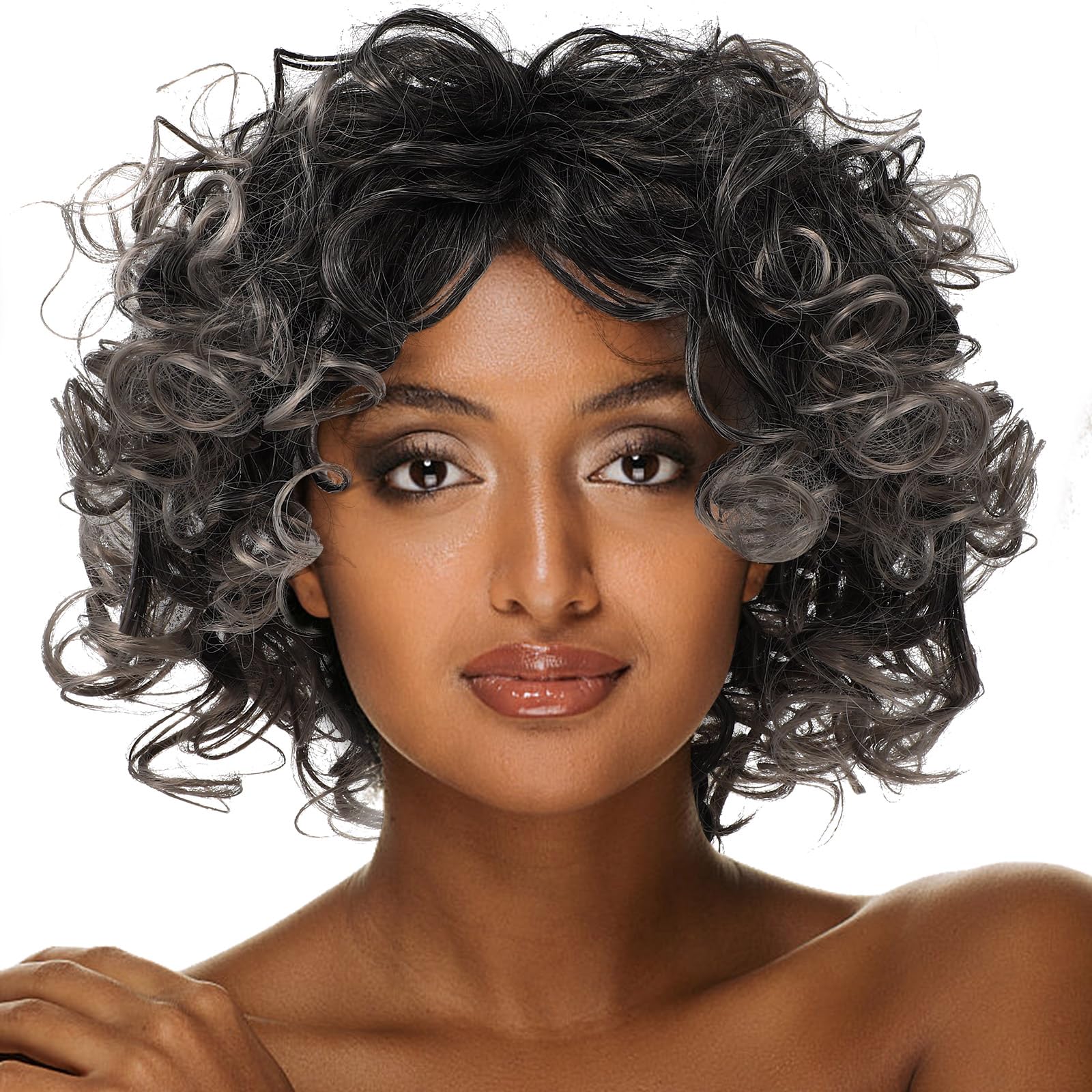 Beaupretty New Chic Afro Curly Women Wigs Hairline Black Silver Gray Mixed Wig Synthetic Hairpiece