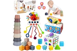 6 in 1 Baby Montessori Toys for 6-12 Months, Montessori Toys for Babies Incl Pull String Toy, Stacking Cups, Tissue Box Toy, 