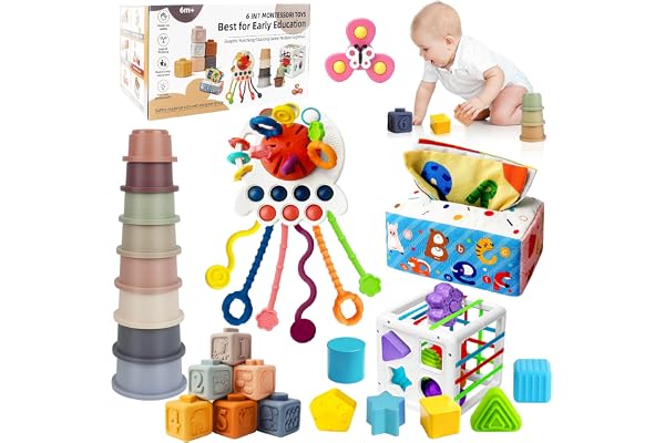 6 in 1 Baby Montessori Toys for 6-12 Months, Montessori Toys for Babies Incl Pull String Toy, Stacking Cups, Tissue Box Toy,