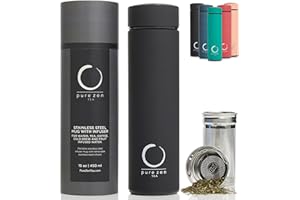 Pure Zen Tea Thermos with Infuser - Stainless Steel Insulated Tea Infuser Tumbler for Loose Leaf Tea, Iced Coffee and Fruit-Infused Water - Leakproof Tea Tumbler With Infuser - 15oz - Black