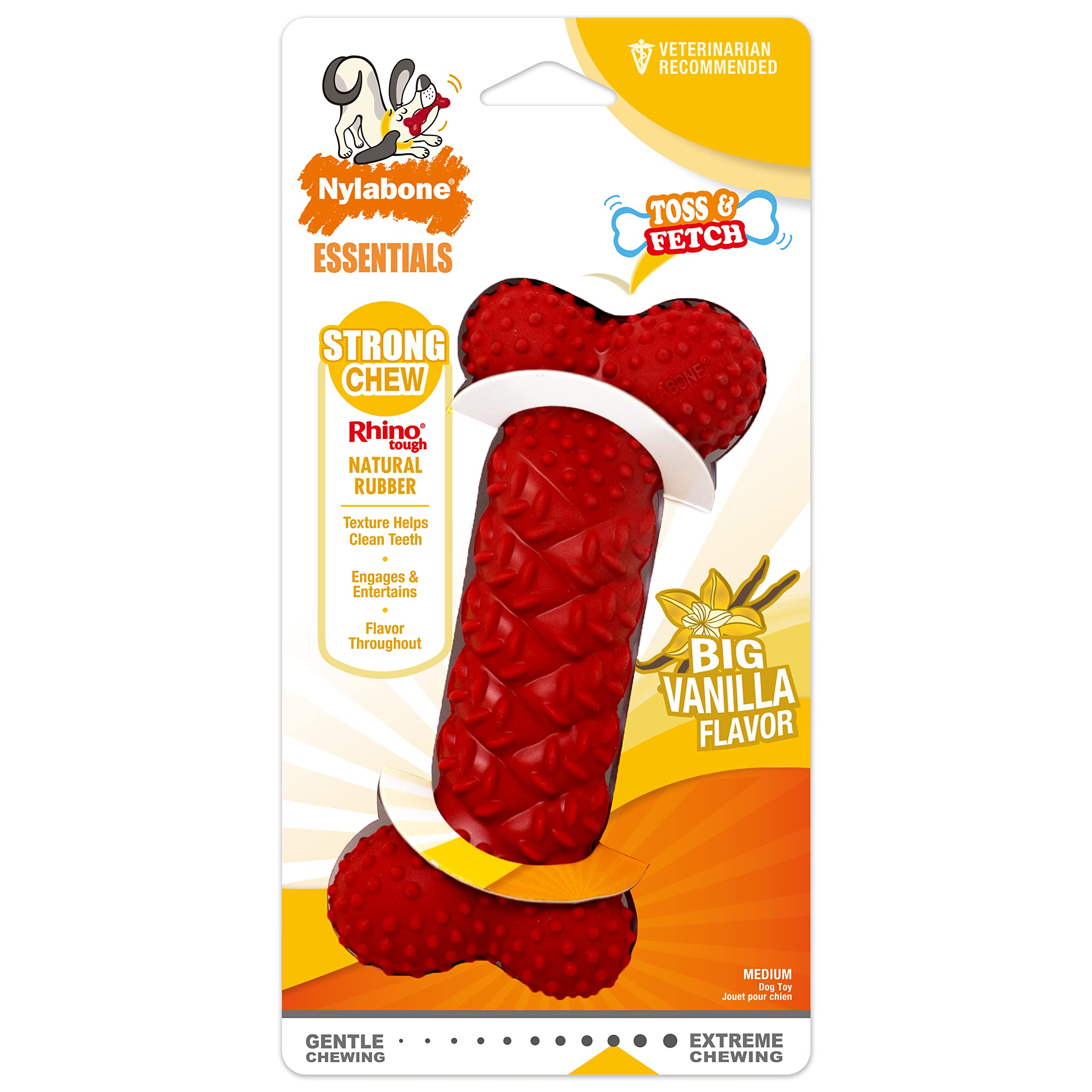 Nylabone Strong Natural Rubber Braided Bone Dental Dog Chew Toy, Vanilla Flavour, Medium, for Dogs up to 16kg,Red