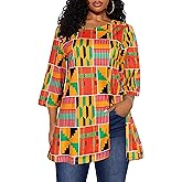 Afibi Womens Print Shirt African Dashiki 3/4 Sleeve Boho Loose Tunic Tops