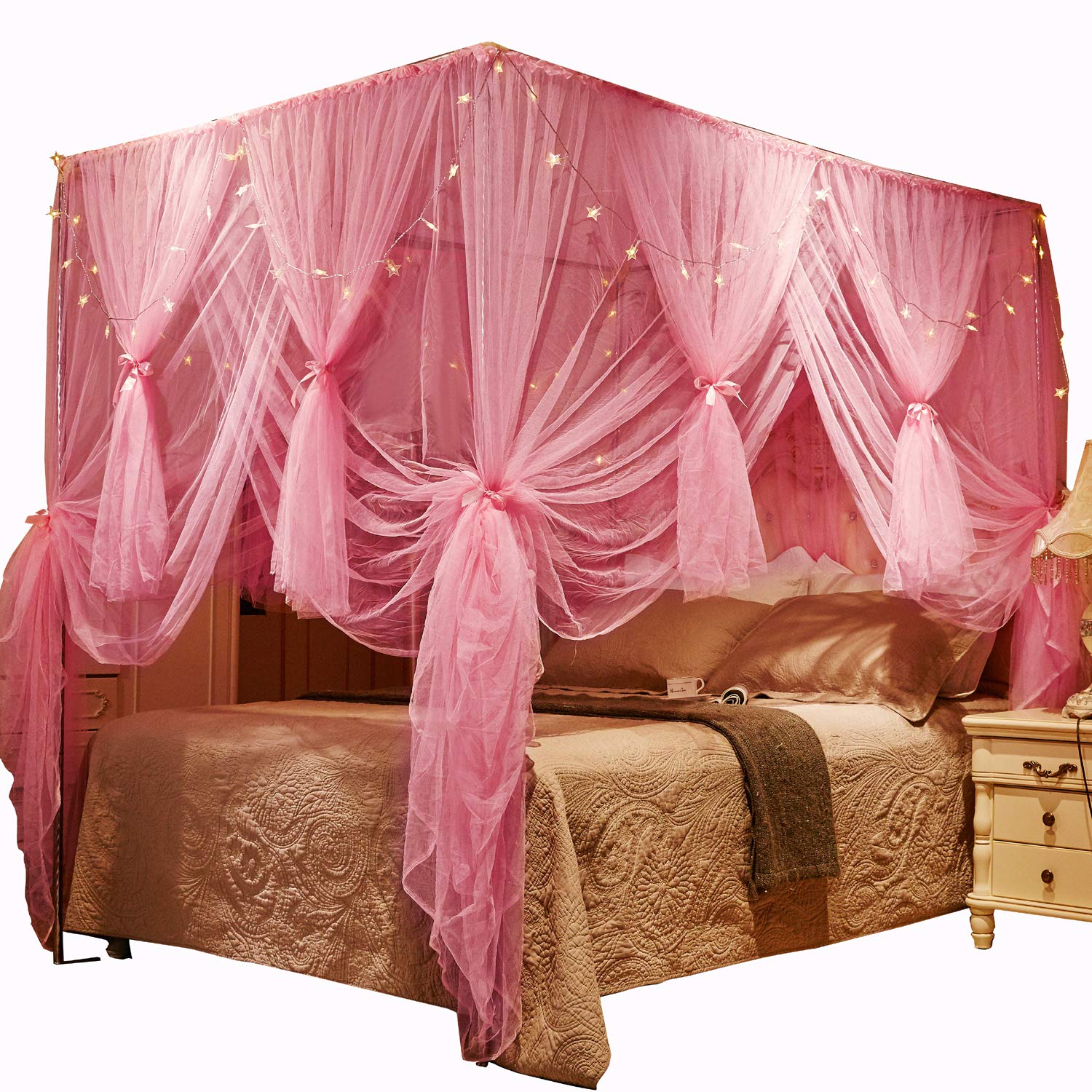 Nattey 4 Corners Post Canopy Bed Curtains for Girls Boys & Adults - 4 Opening - Bedroom Decoration (King, Pink)