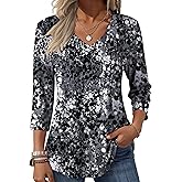 Zeagoo 3/4 Length Sleeve Womens Tops Casual V Neck Pleated Top Boho Floral Blouses Work Shirts