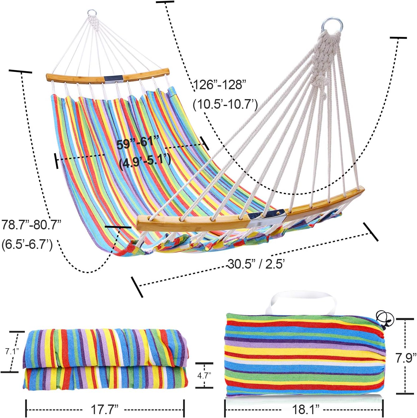 Double Hammock Swing with Tree Straps, Ohuhu Folding Curved-Bar Design 2020 Upgraded Space-Saving Bamboo Hammock with Carrying Bag, Portable Hammock for Patio, Backyard, Camping, Beach, Colorful Stripe : Garden & Outdoor