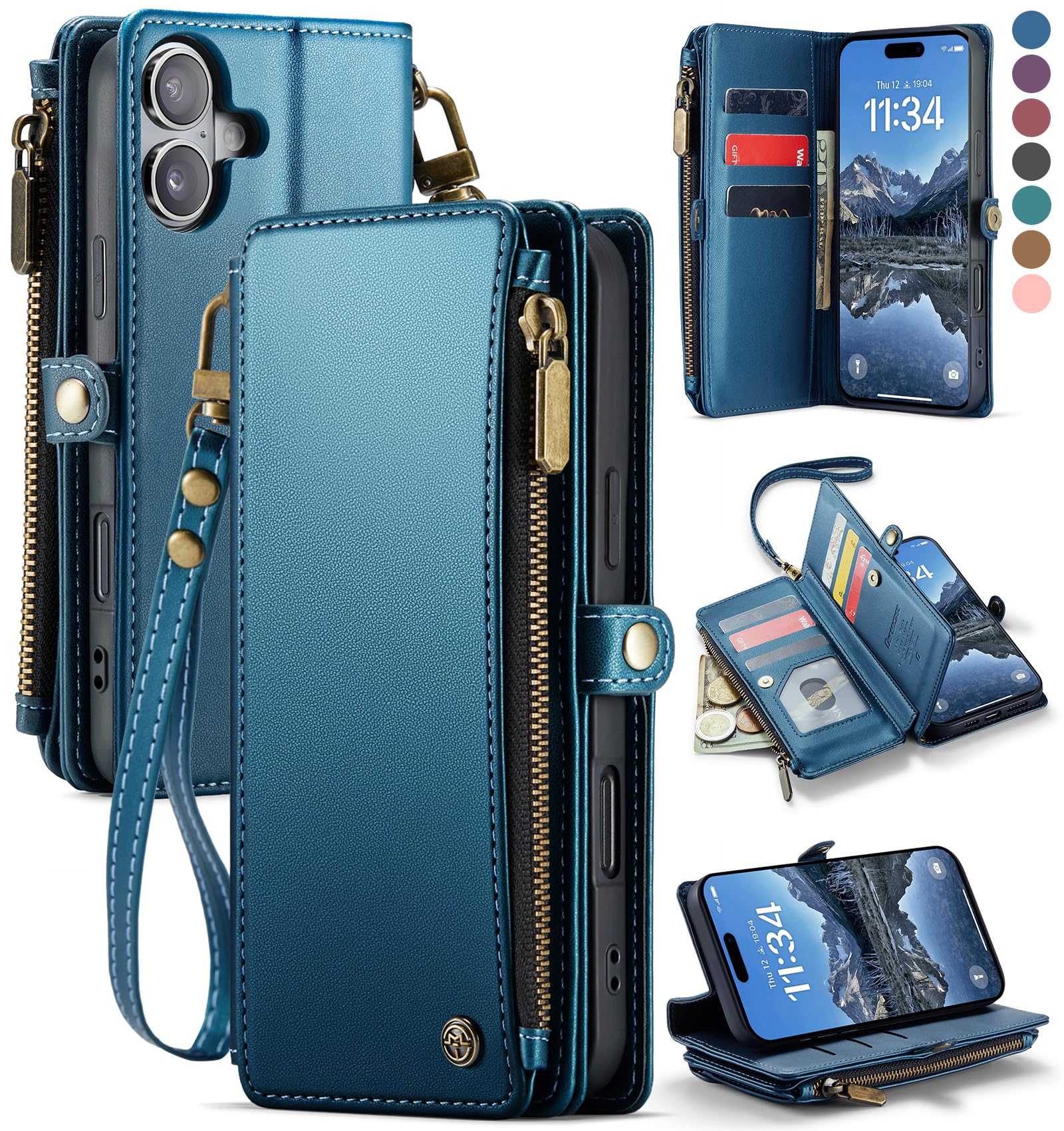 Photo 1 of Defencase Compatible with iPhone 17 Case Wallet with RFID Blocking Card Holder for Women and Men, Fashion PU Leather Magnetic Snap Flip Zipper Strap Wallet Phone Case for iPhone 17 6.3", Dark Blue